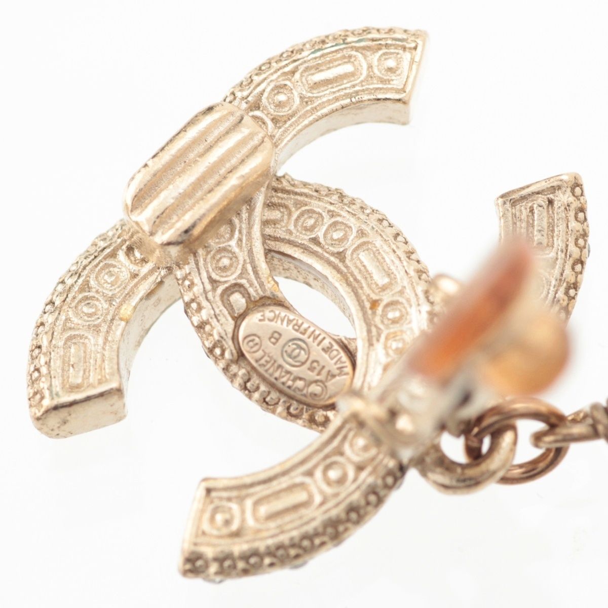 Chanel CC Logo Pearl Rhinestone Earrings Gold Black — view 8