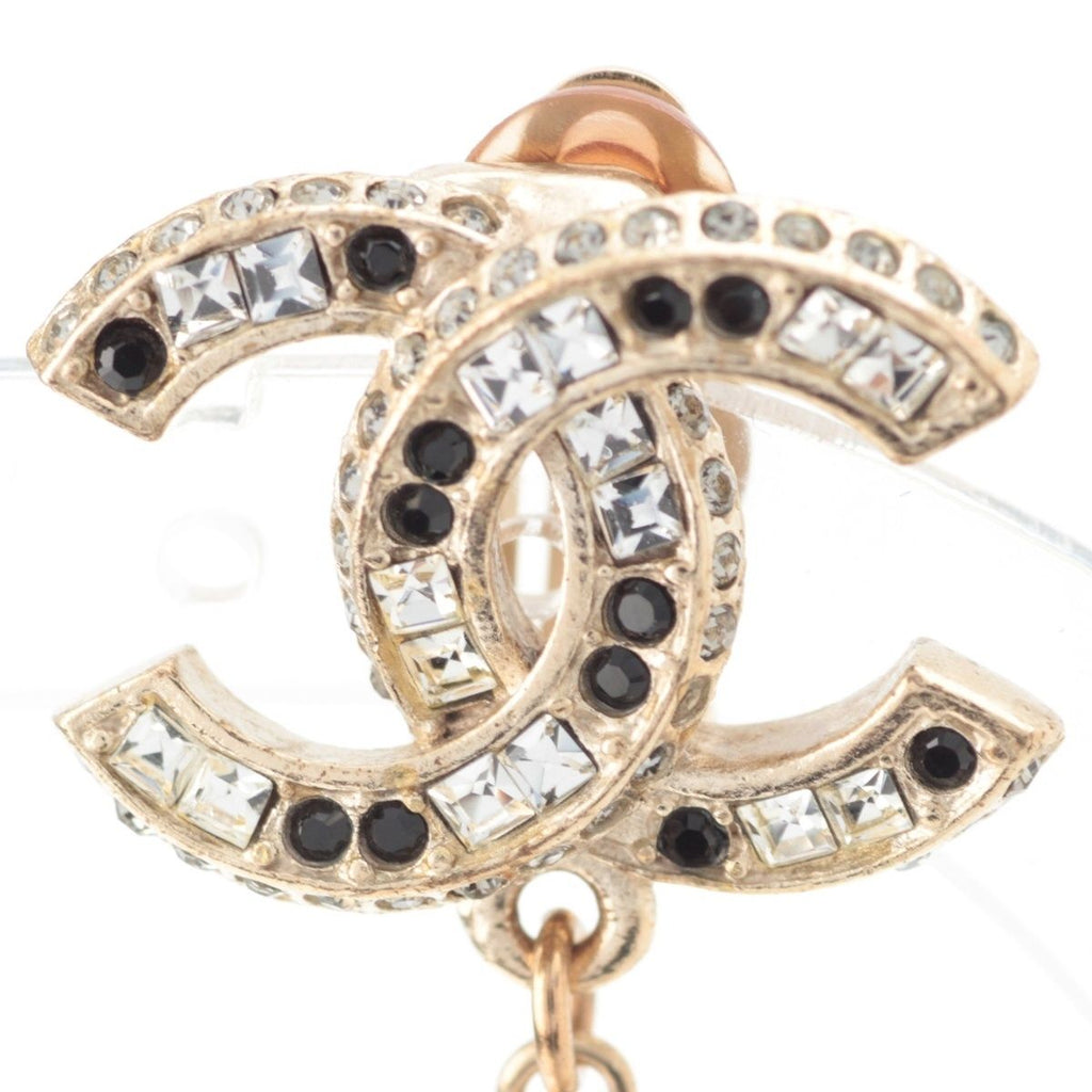 Chanel CC Logo Pearl Rhinestone Earrings Gold Black — view 3