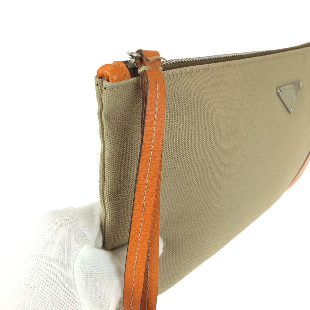 Prada Beige Orange Silver Canvas Leather Clutch — view 5
