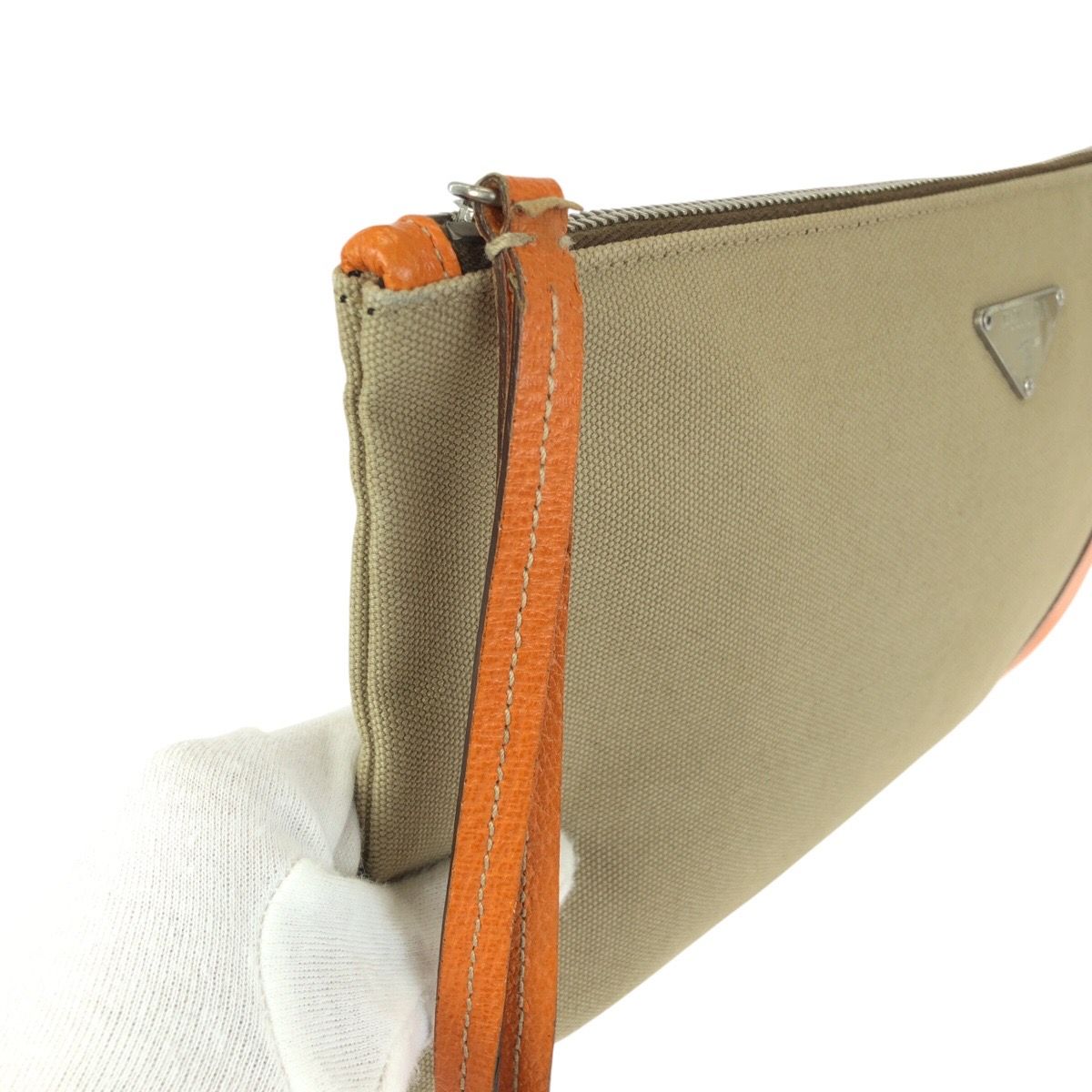 Prada Beige Orange Silver Canvas Leather Clutch — view 5