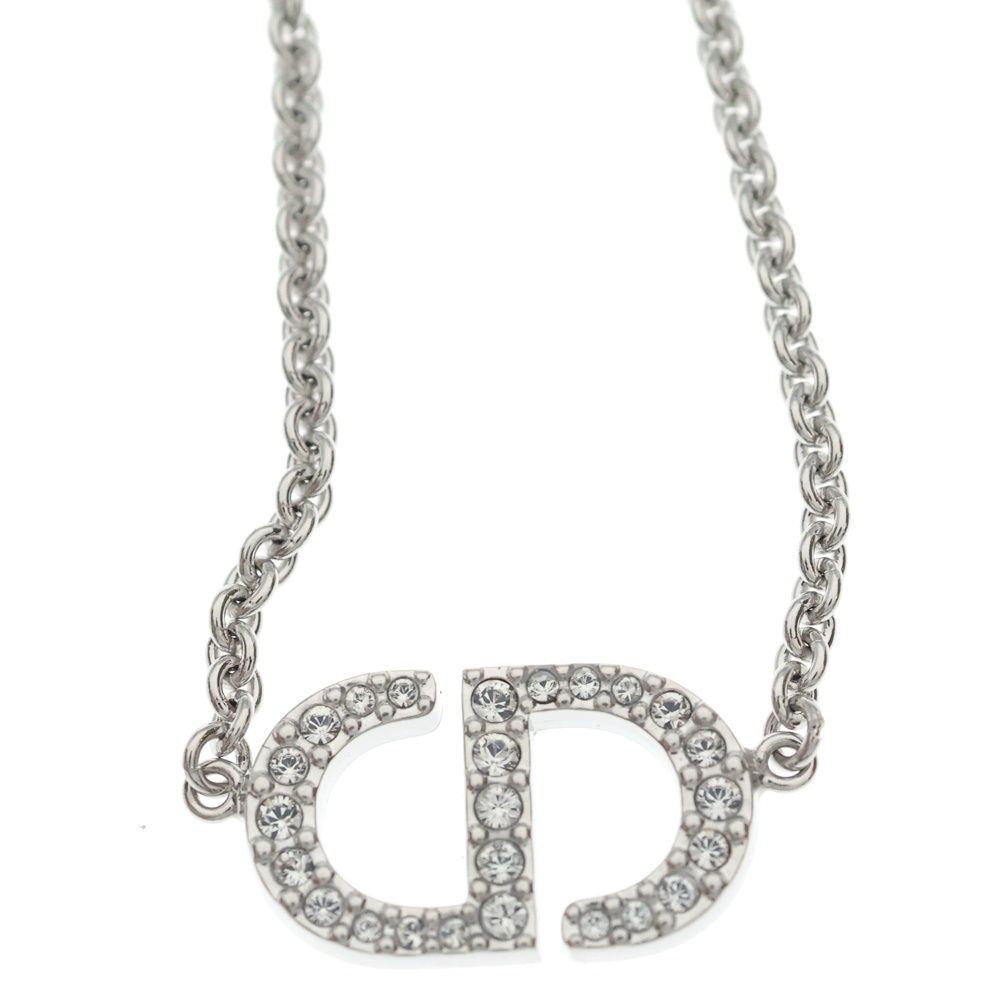 Dior Petit CD Logo Rhinestone Necklace Pendant Chain Silver — view 3