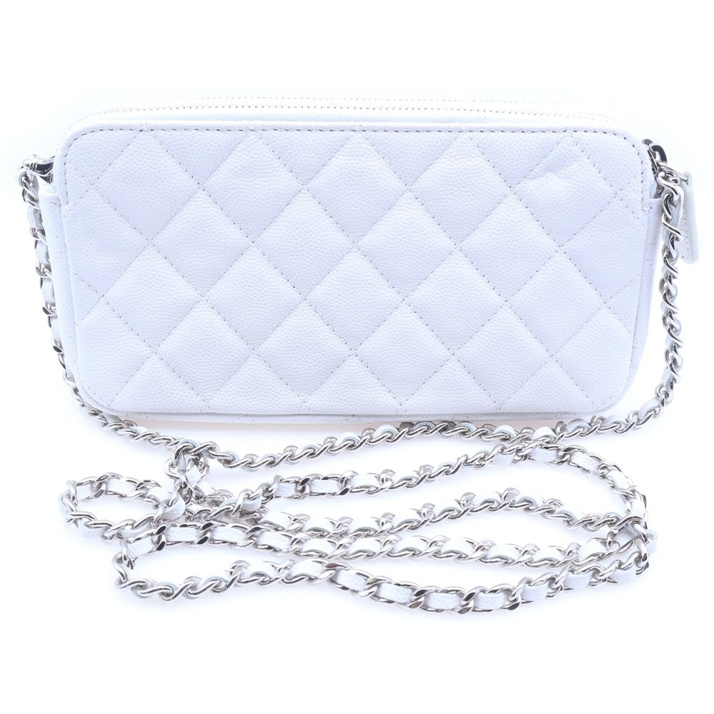 Chanel Quilted Chain Wallet White Caviar Leather Silver — view 2