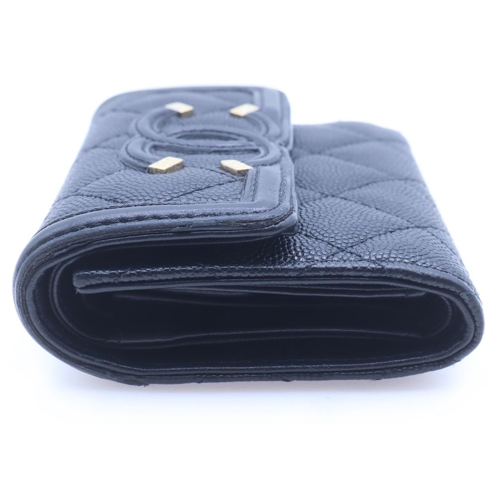 Chanel Caviar Leather CC Logo Filigree Compact Wallet Trifold Black — view 3