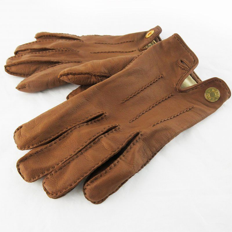 Hermes 7 Gloves Series Button Leather Sheep Camel Brown Tea Gold — view 4
