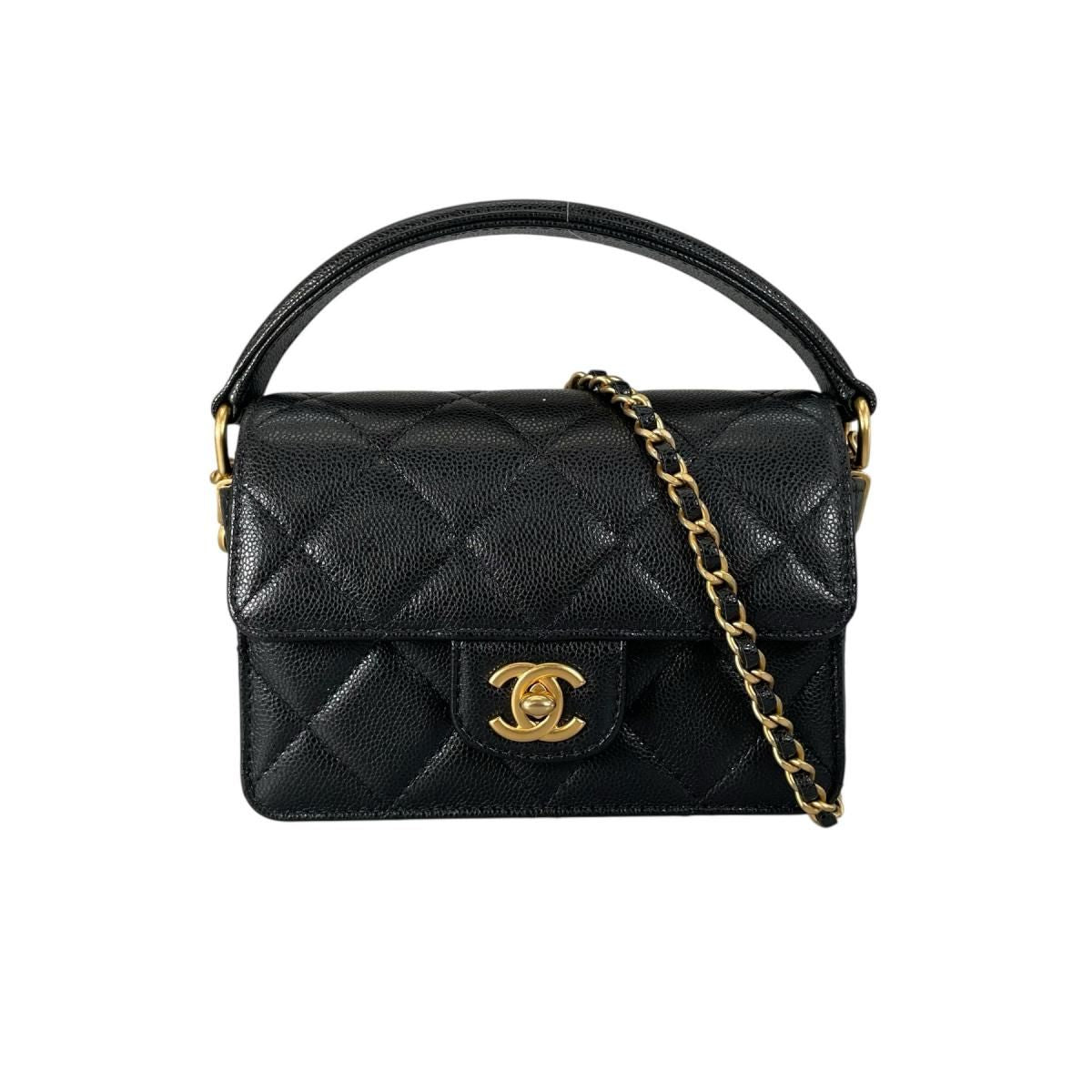 Chanel Caviar Leather Flap Bag Quilted Handle Mini Handbag Black — view 2