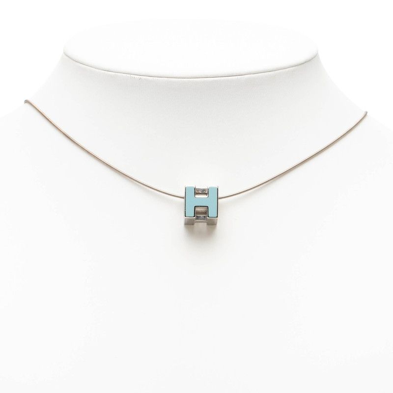 Hermes Cage de Ash Cube Necklace Silver Light Blue Metal — view 6