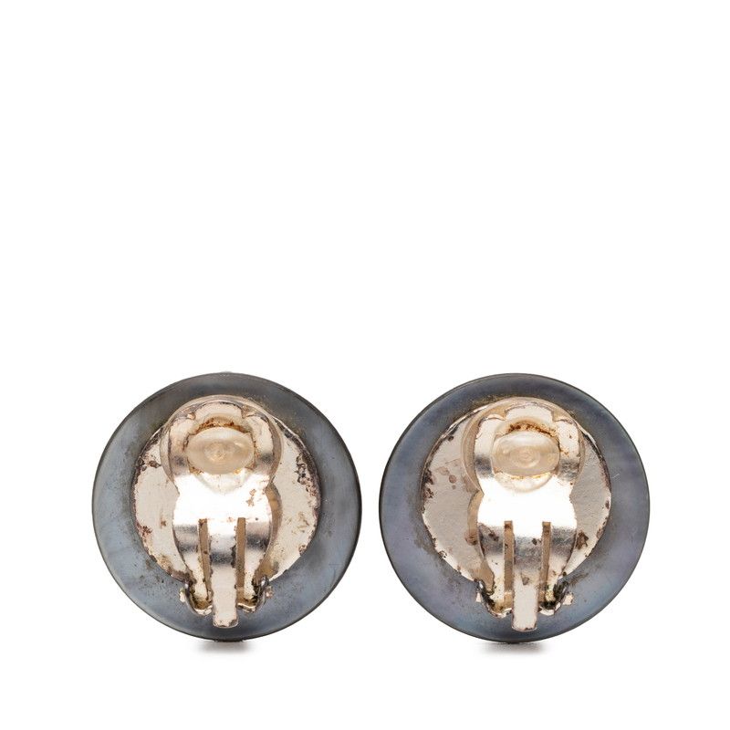 Chanel CC Logo Vintage Round Earrings Black Metal Rhinestone Shell — view 2