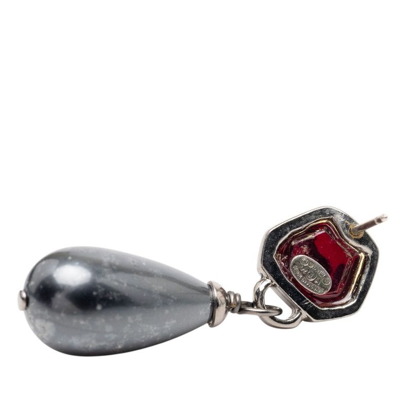 Chanel CC Logo Teardrop Water Drop Earrings Black Rhinestone Metal Faux Pearl — view 3