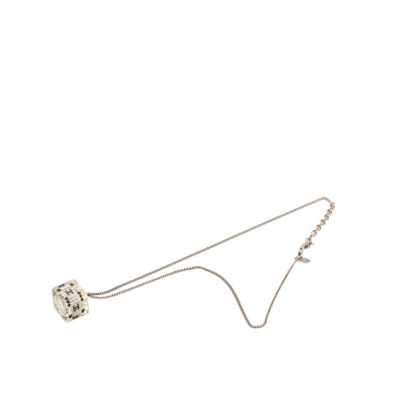 Chanel CC Logo Square Cube Pendant Necklace Clear Black Silver Metal Plastic — view 3