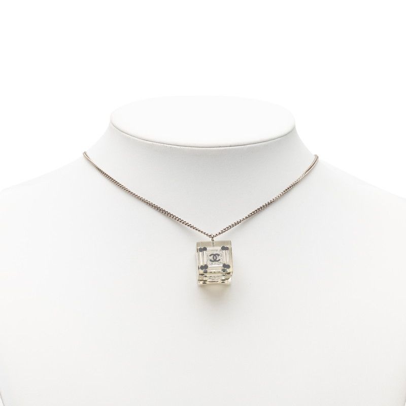 Chanel CC Logo Square Cube Pendant Necklace Clear Black Silver Metal Plastic — view 6