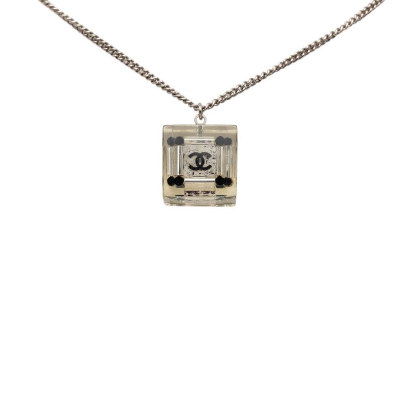 Chanel CC Logo Square Cube Pendant Necklace Clear Black Silver Metal Plastic — view 2