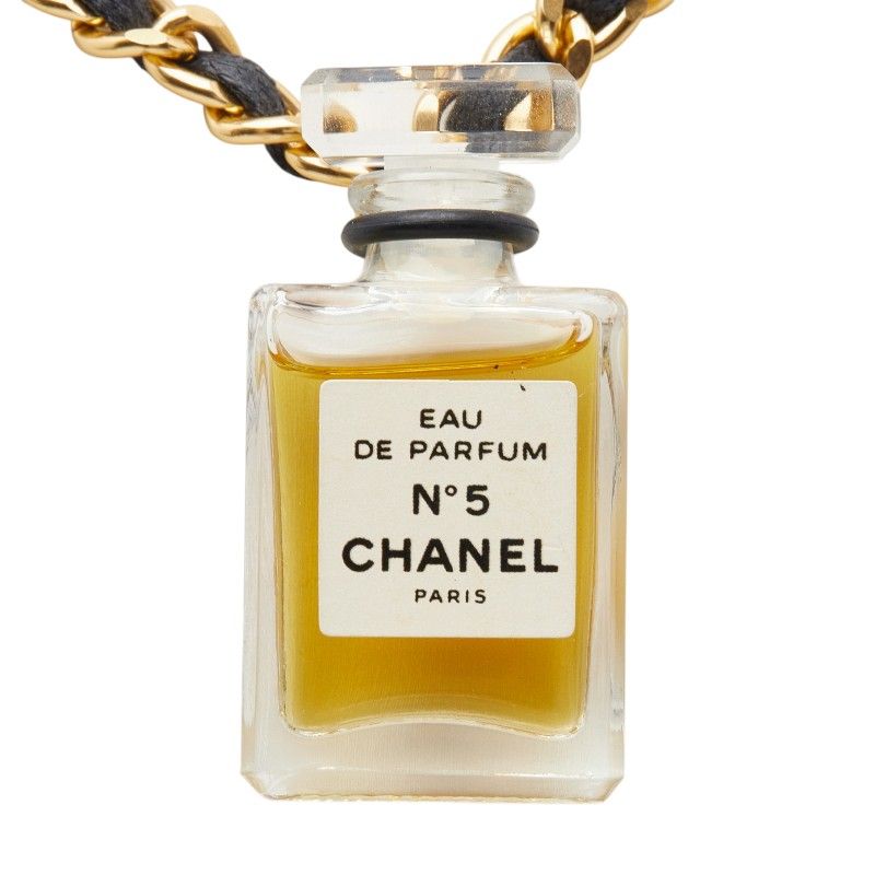 Chanel Perfume Bottle Chain Pendant Necklace Gold Black Plated Leather Glass — view 2