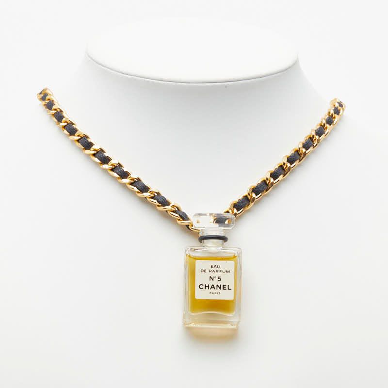 Chanel Perfume Bottle Chain Pendant Necklace Gold Black Plated Leather Glass — view 6
