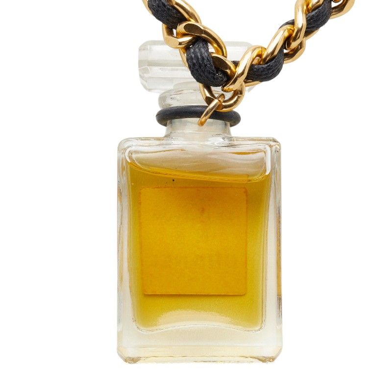 Chanel Perfume Bottle Chain Pendant Necklace Gold Black Plated Leather Glass — view 3