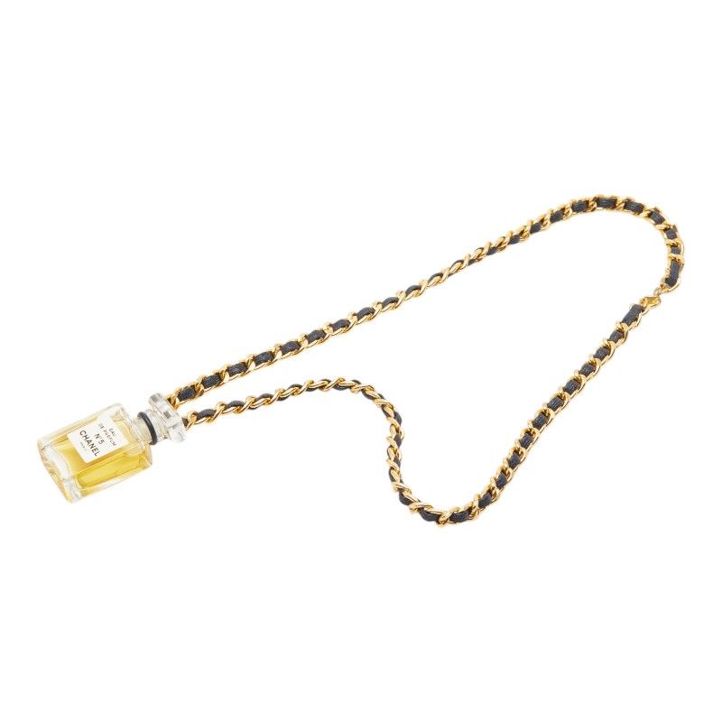 Chanel Perfume Bottle Chain Pendant Necklace Gold Black Plated Leather Glass — view 4