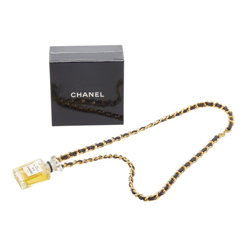 Chanel Perfume Bottle Chain Pendant Necklace Gold Black Plated Leather Glass — view 7