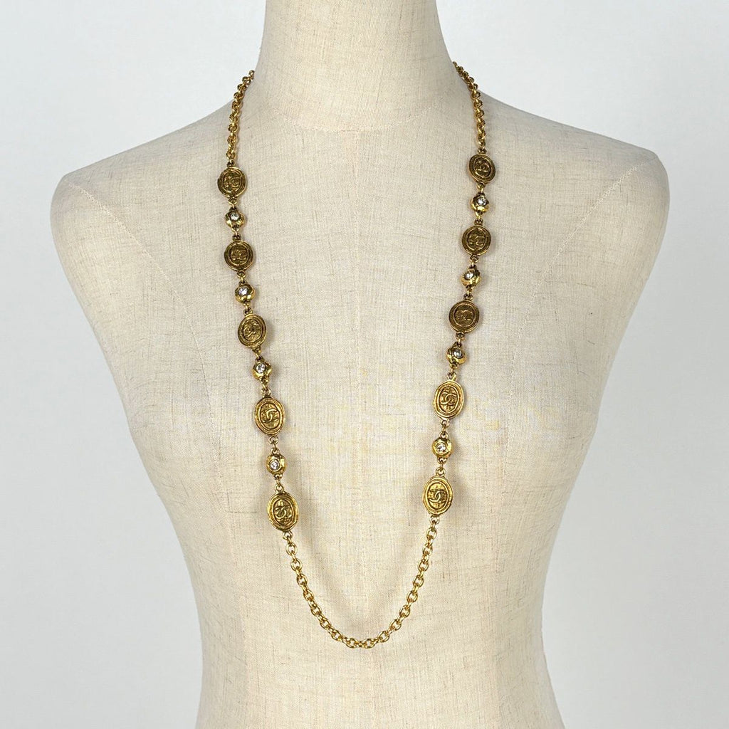 Chanel CC Logo Rhinestone Necklace Long Gold Plated — view 8