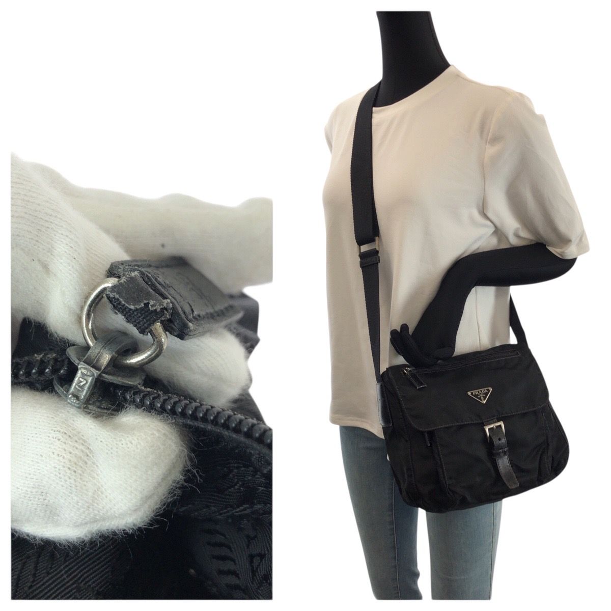 Prada Tessuto Black Silver Nylon Leather Shoulder Bag — view 7