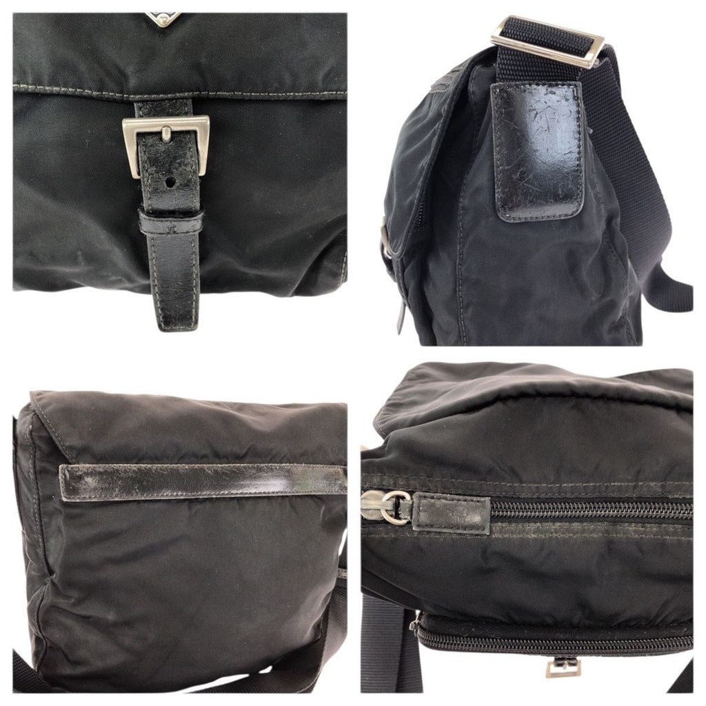 Prada Tessuto Black Silver Nylon Leather Shoulder Bag — view 6