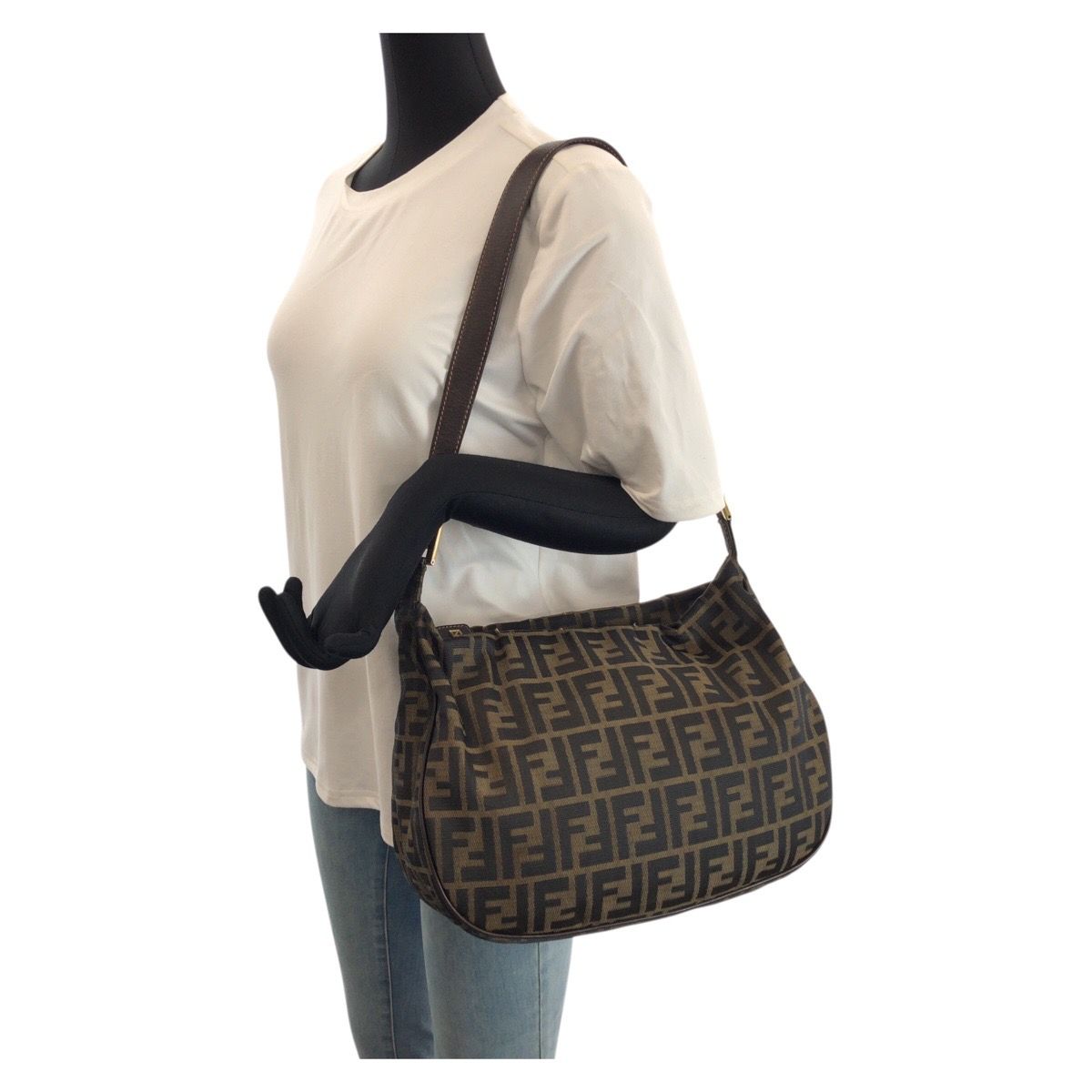 Fendi Zucca Dark Brown Gold Canvas Leather Shoulder Bag — view 7