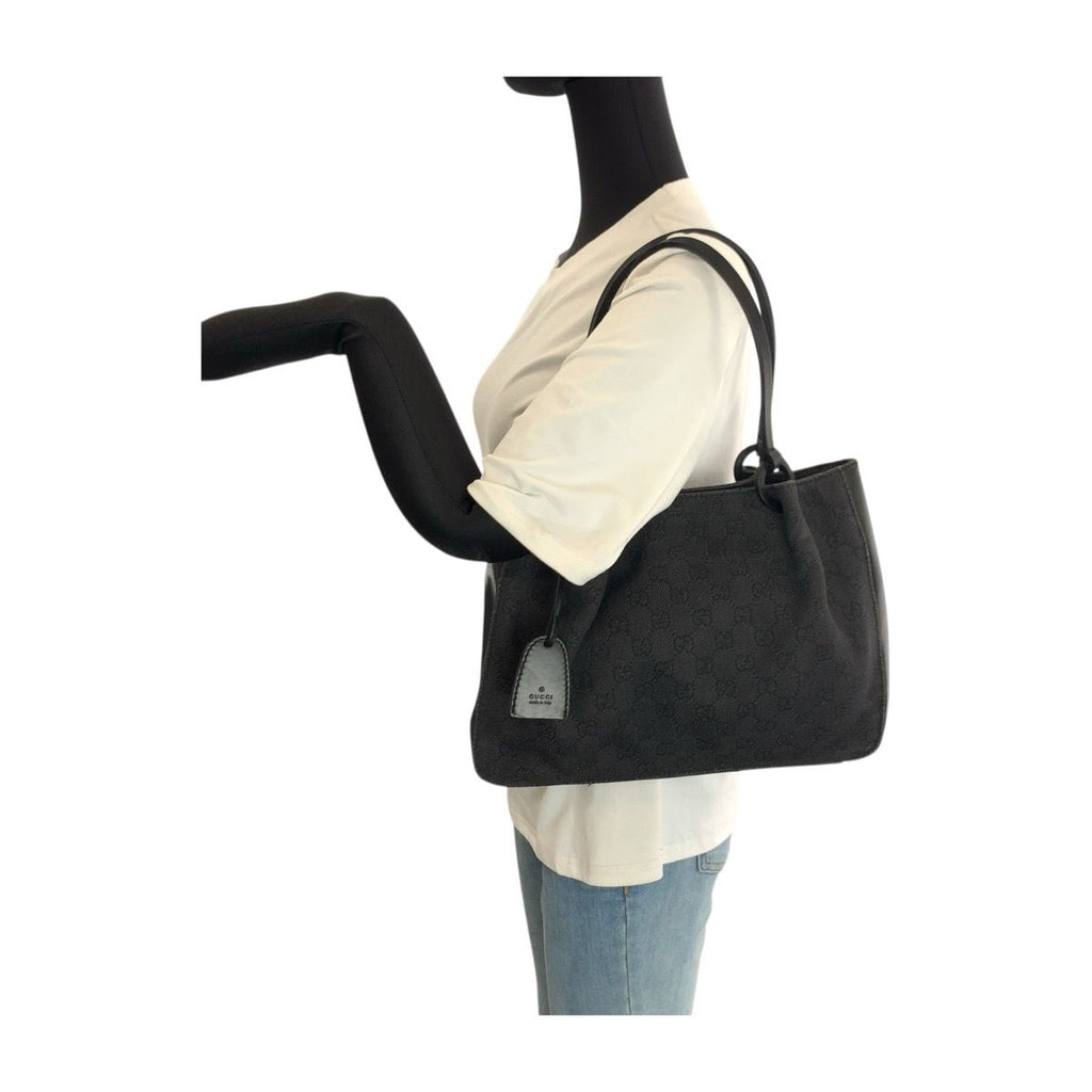 Gucci Black GG Canvas Leather Tote Shoulder Bag — view 7