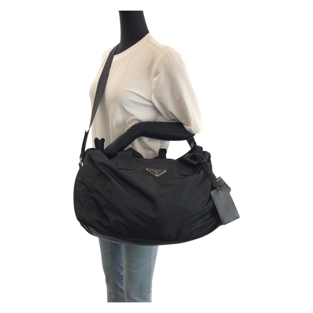Prada Tessuto Black Silver Nylon Boston Bag — view 7