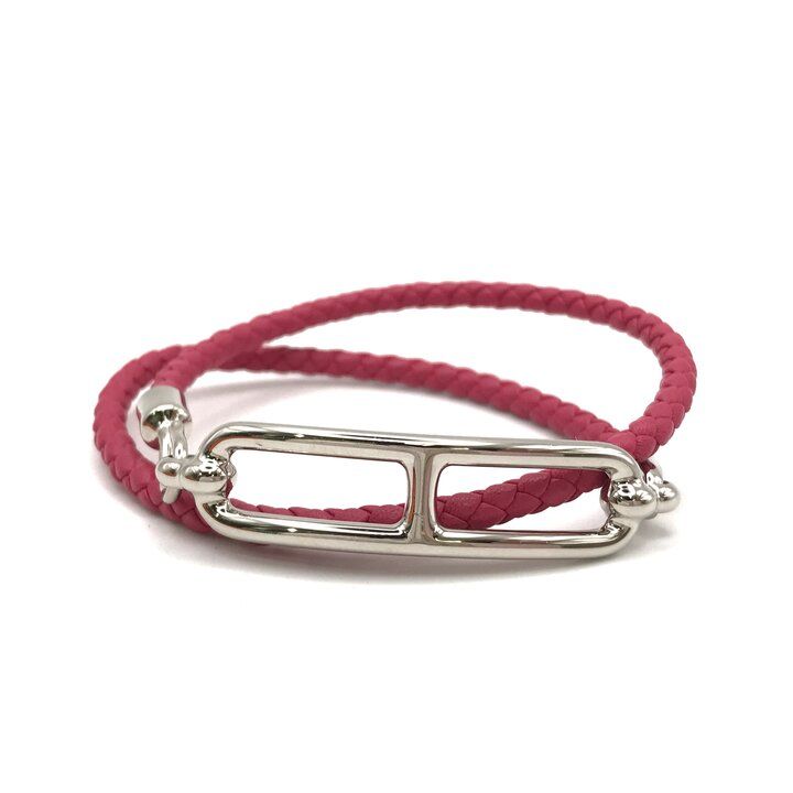 Hermes Luli Double Tour Leather Bracelet Silver Pink — view 2