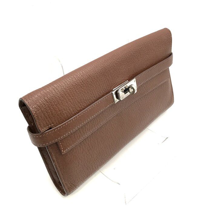 Hermes Kelly Wallet Brown Leather Coin Purse Card Case Silver Shikaku — view 2
