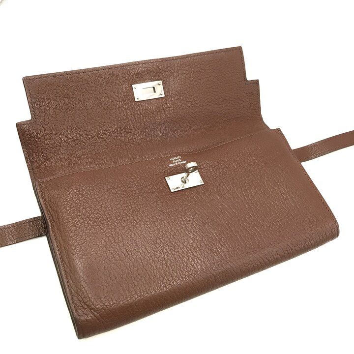 Hermes Kelly Wallet Brown Leather Coin Purse Card Case Silver Shikaku — view 5