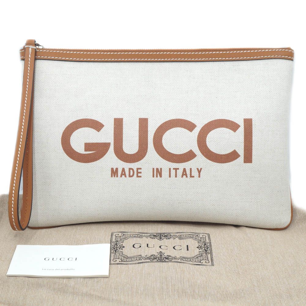 Gucci Clutch Logo Beige Handbag Wrist Strap Pouch Brown Silver — view 8