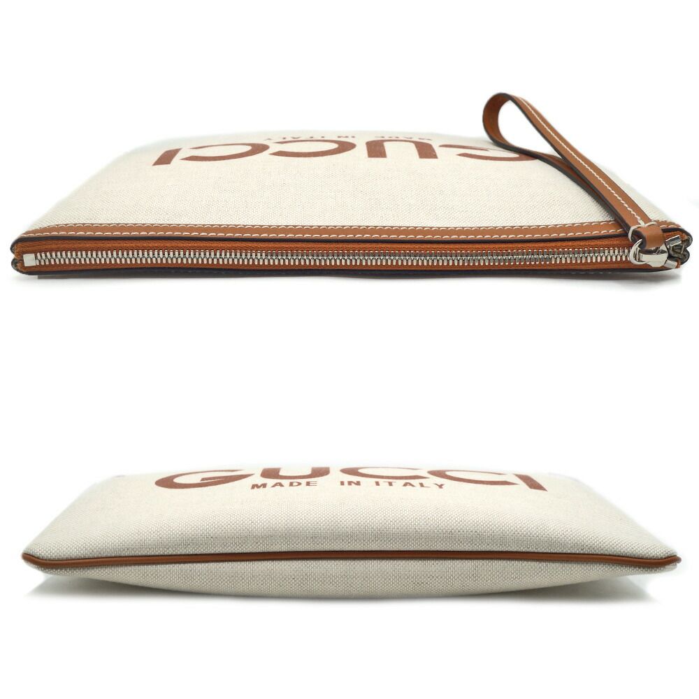 Gucci Clutch Logo Beige Handbag Wrist Strap Pouch Brown Silver — view 3