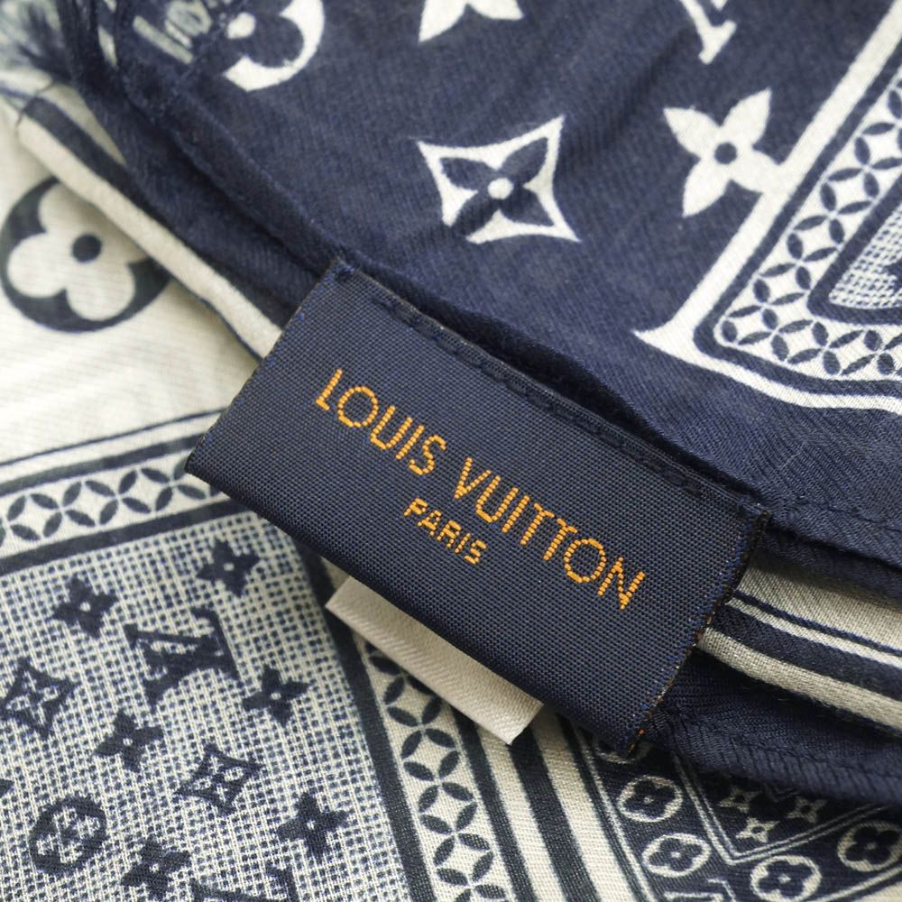 Louis Vuitton Etole Gang Ring Scarf Cotton Silk Navy White Shawl — view 9
