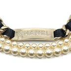 Chanel Double Pearl CC Logo Rhinestone Plate Belt Leather Black Gold — view 2