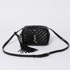Saint Laurent Shoulder Bag V-stitch Fringe YSL Logo Black Calfskin