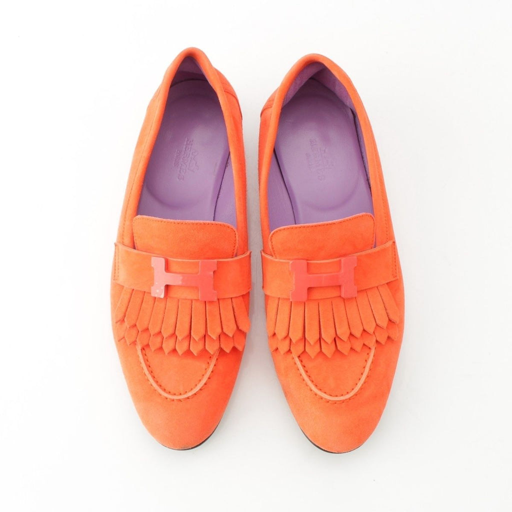 Hermes Royale Suede Motif Loafers Shoes Orange 36 — view 2