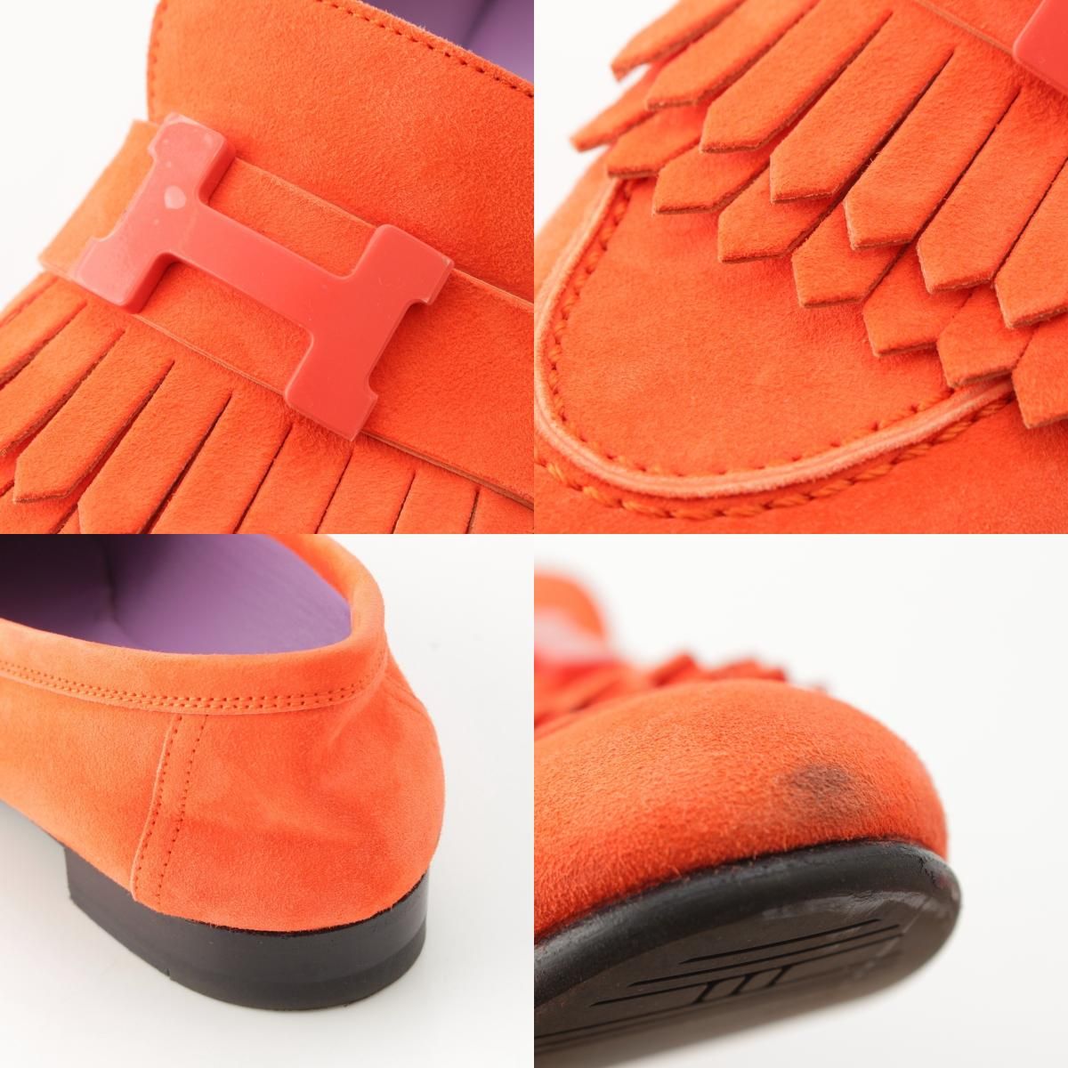 Hermes Royale Suede Motif Loafers Shoes Orange 36 — view 8