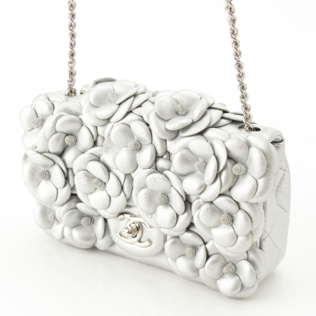 Chanel Quilted 20 Camellia Lambskin Chain Shoulder Bag CC Logo Silver — view 2