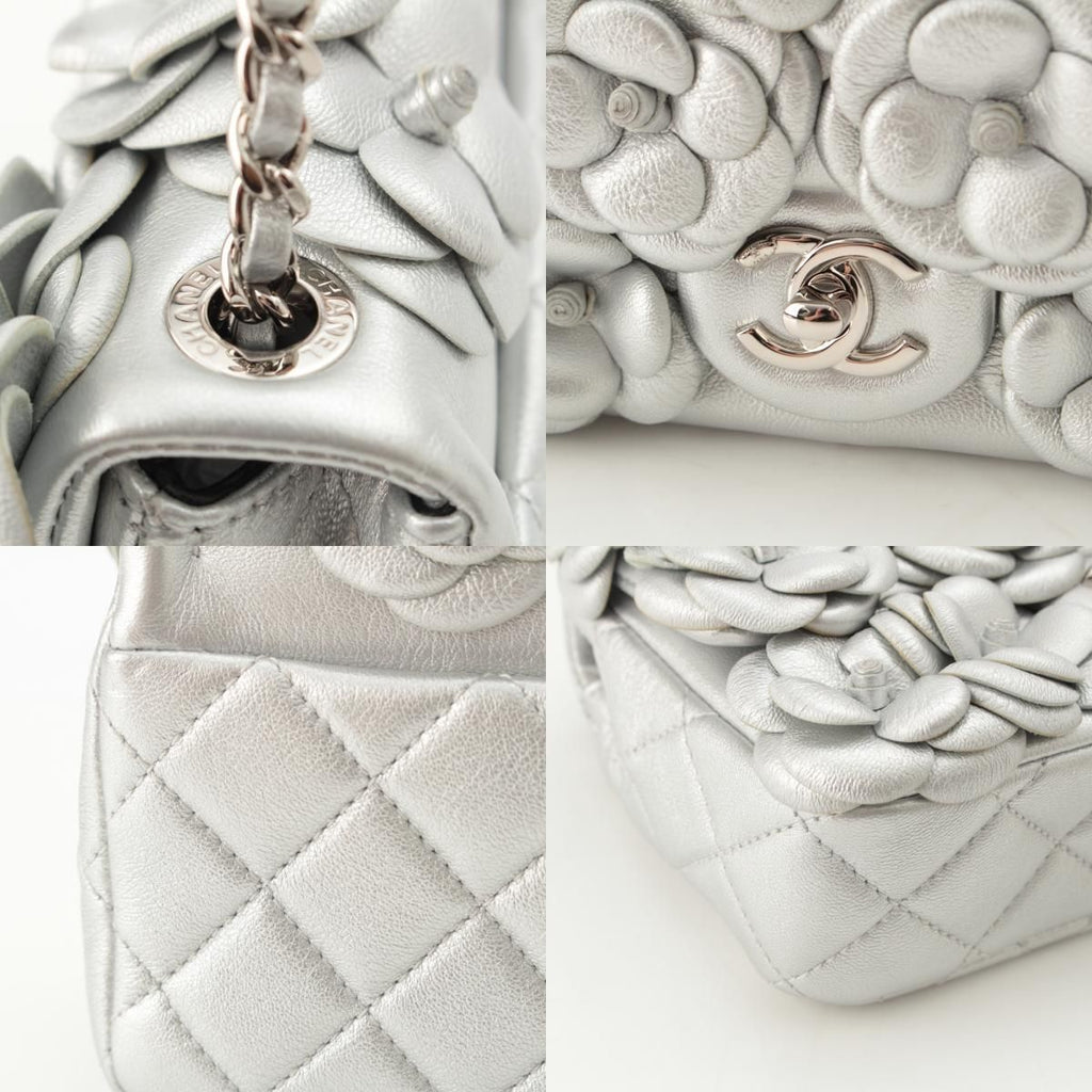 Chanel Quilted 20 Camellia Lambskin Chain Shoulder Bag CC Logo Silver — view 9