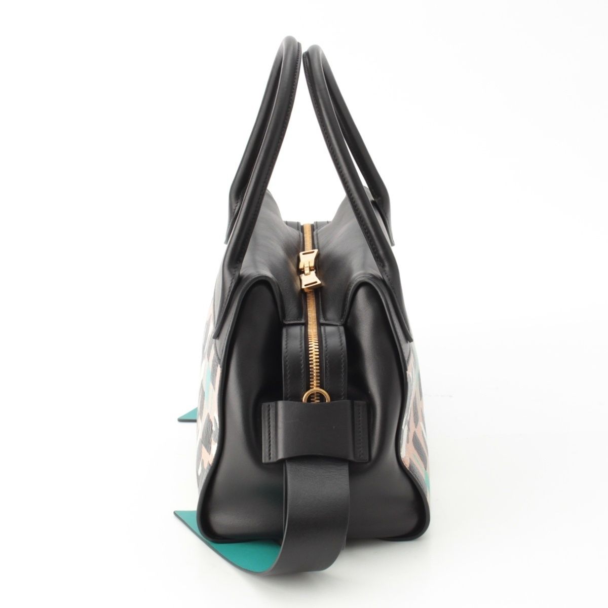 Prada Madras Leather Logo Flower Bow Ring 2-Way Shoulder Handbag Multicolor — view 4