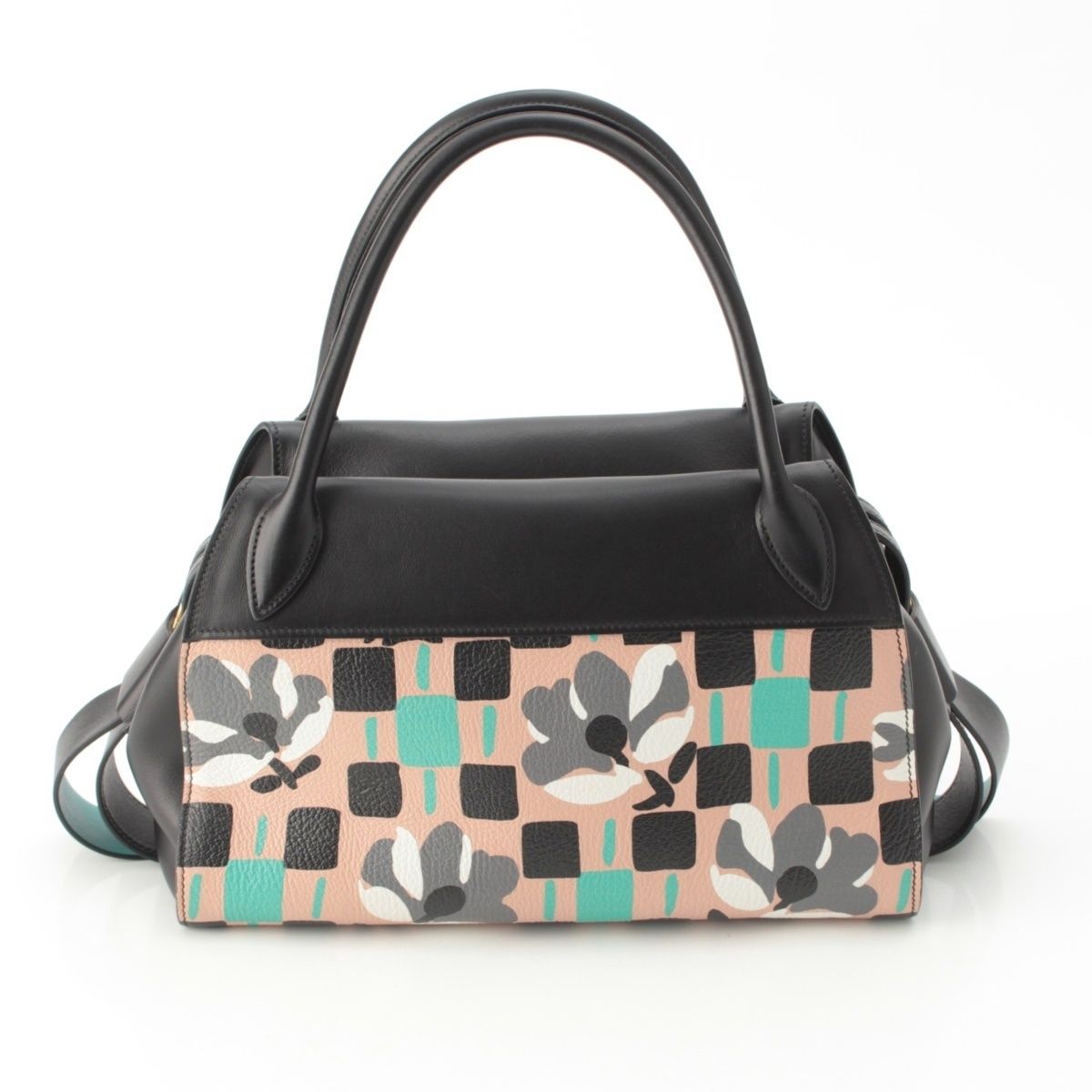Prada Madras Leather Logo Flower Bow Ring 2-Way Shoulder Handbag Multicolor — view 6