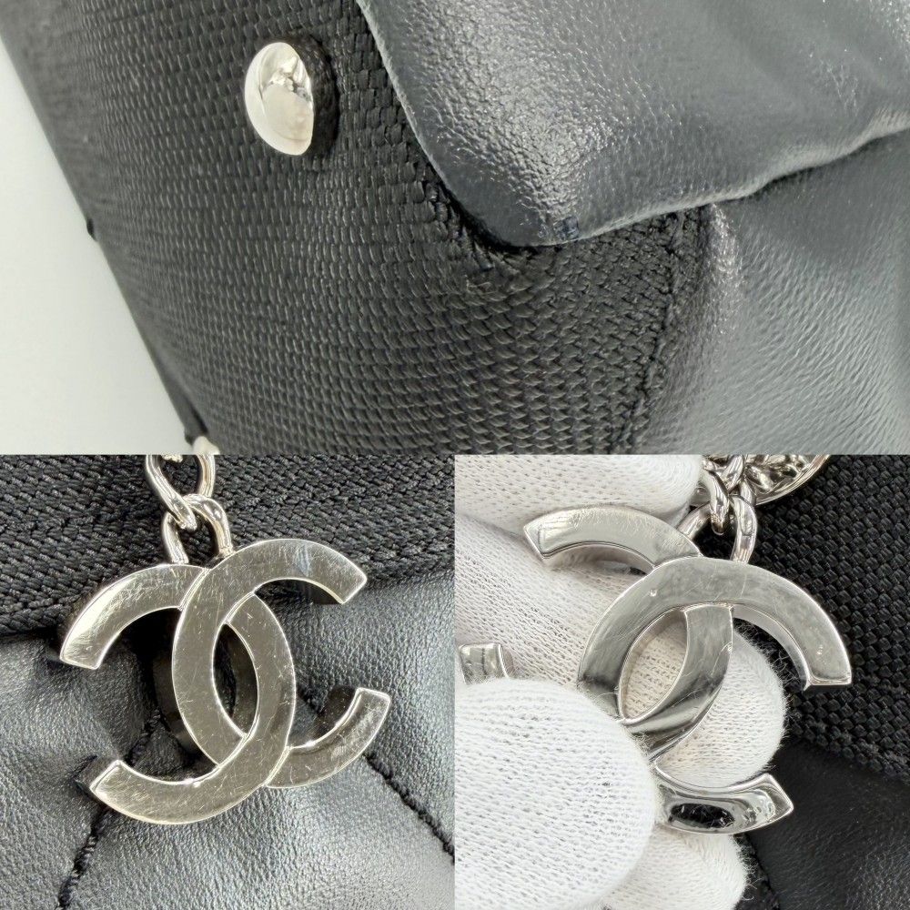 Chanel Handbag Paris Biarritz Tote PM CC Logo Canvas Leather Black Silver — view 6