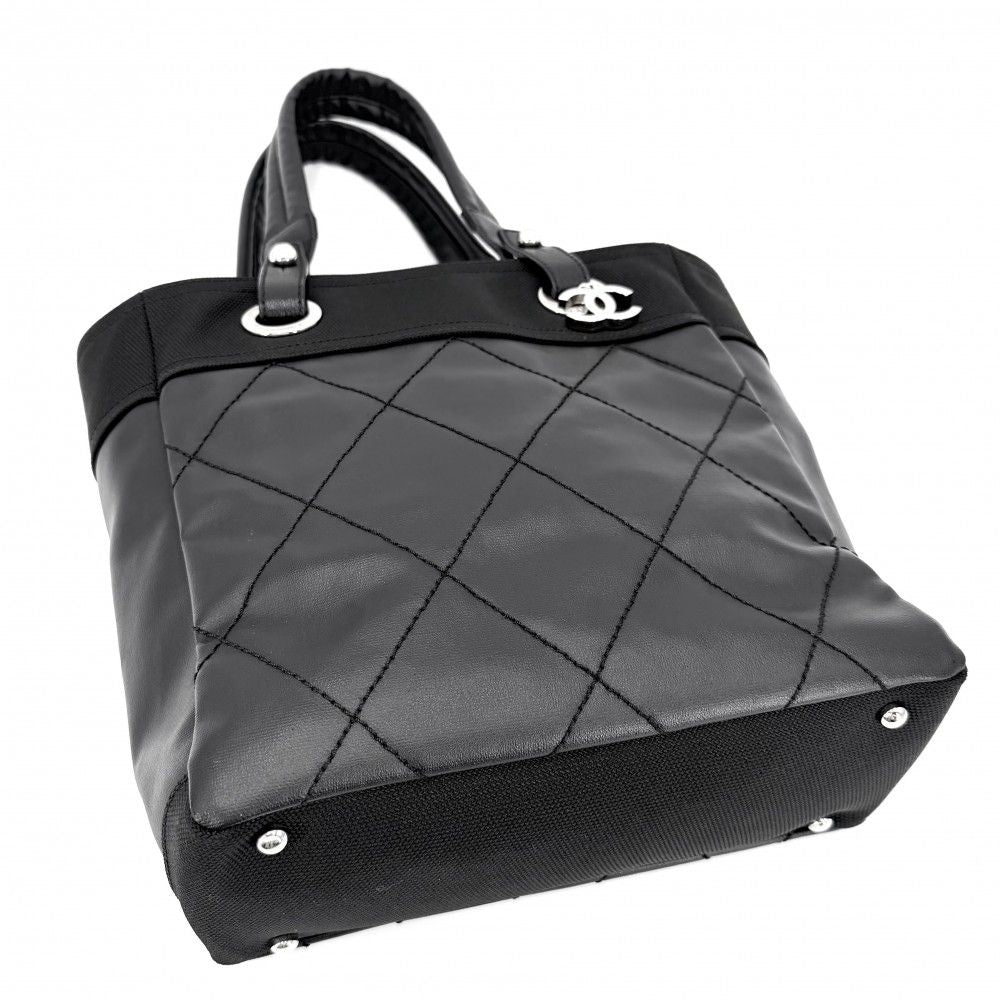 Chanel Handbag Paris Biarritz Tote PM CC Logo Canvas Leather Black Silver — view 3