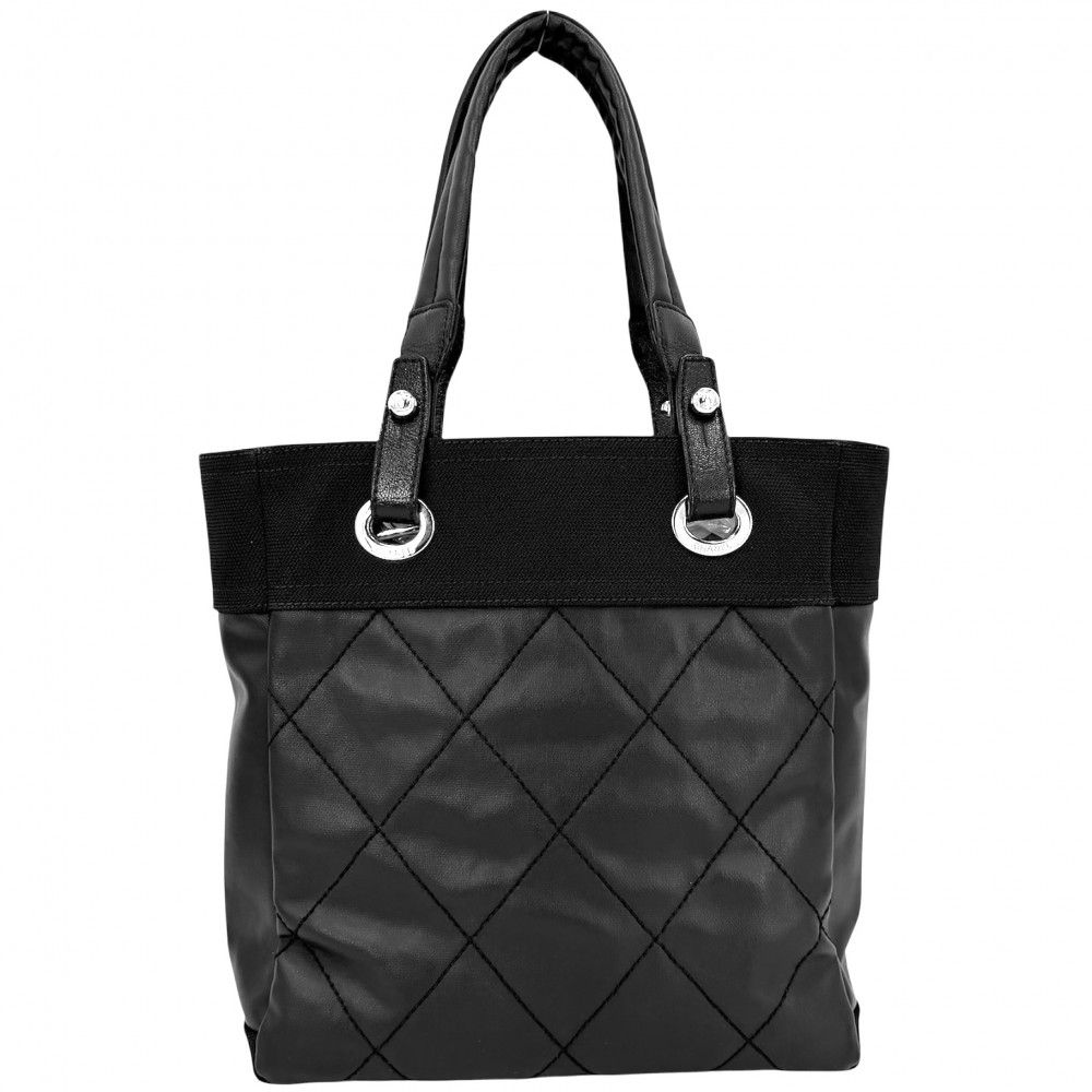 Chanel Handbag Paris Biarritz Tote PM CC Logo Canvas Leather Black Silver — view 2