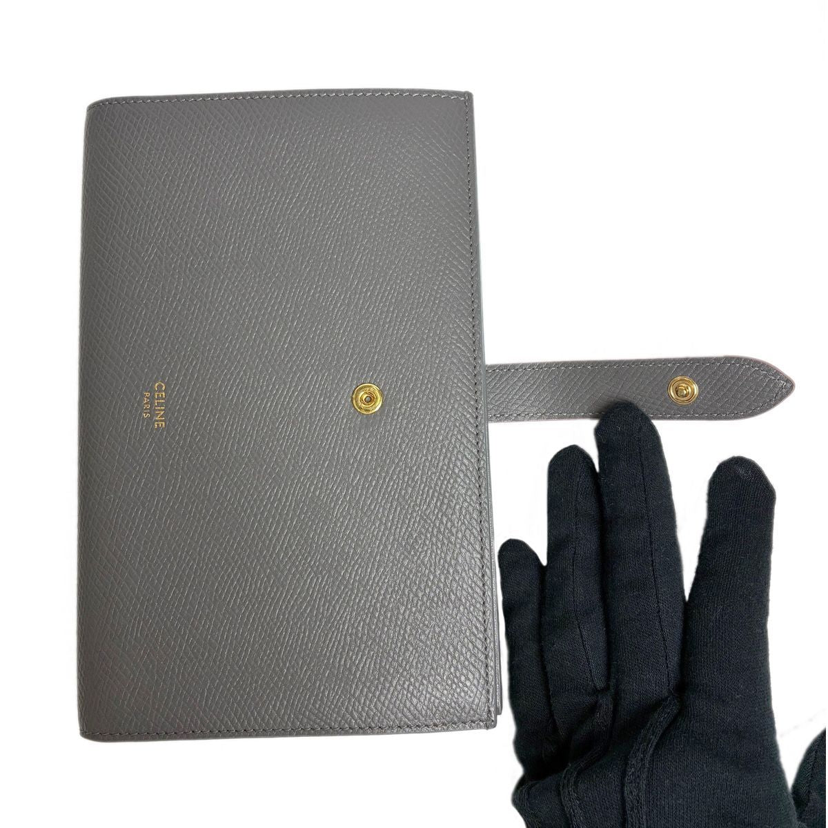 Celine Large Strap Wallet Grained Calf Skin Gray Vintage Pink Bifold — view 8