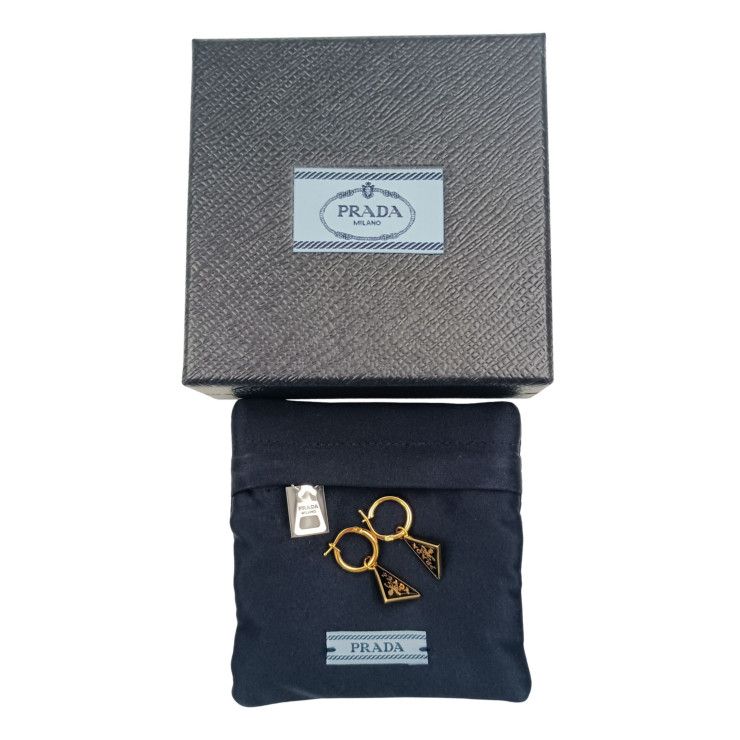 Prada Earrings Triangle Logo Gold Black Metal — view 4