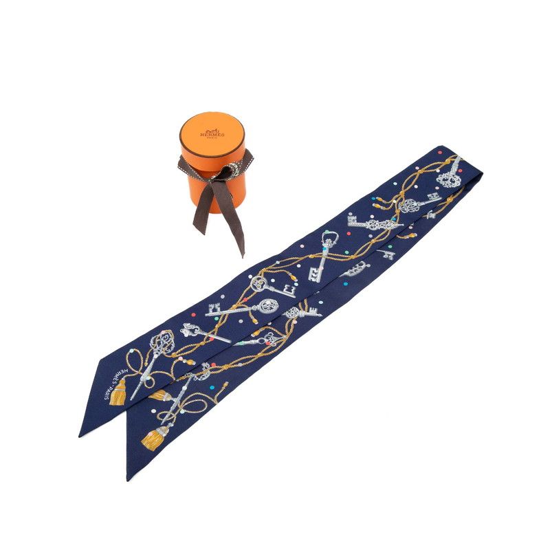 Hermes Twilly les Cles a Pois Scarf Navy Multicolor Silk — view 6
