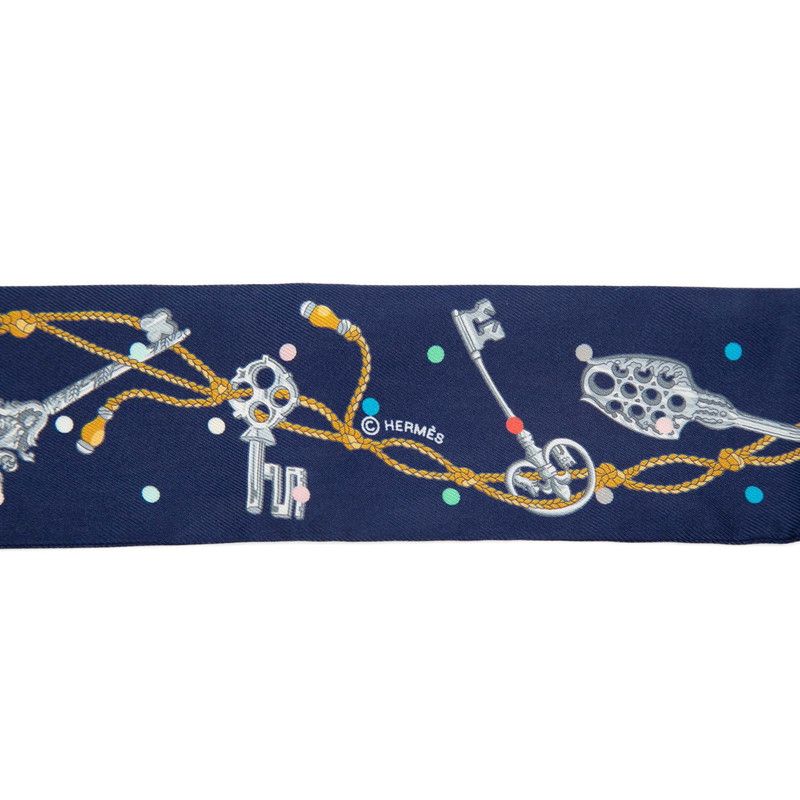 Hermes Twilly les Cles a Pois Scarf Navy Multicolor Silk — view 3