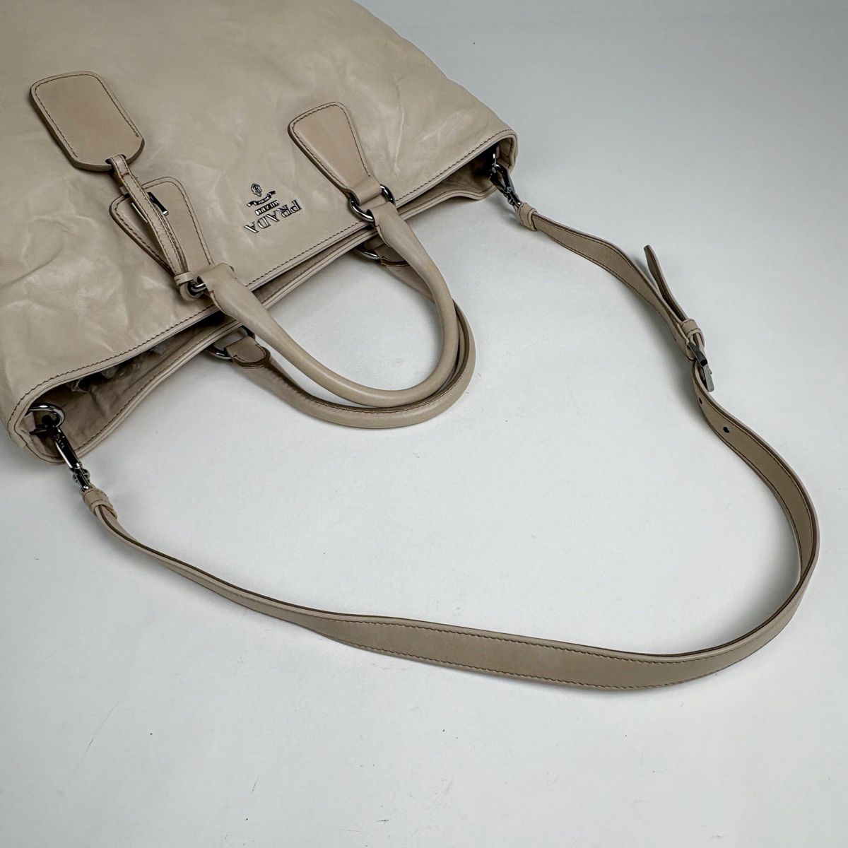 Prada Logo Tote 2-Way Shoulder Bag Leather Light Beige — view 6