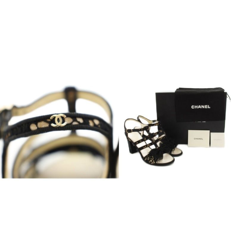 Chanel Gurkha Sandals High Heel Chunky Ankle Strap CC Logo Lace Ribbon Leather — view 7