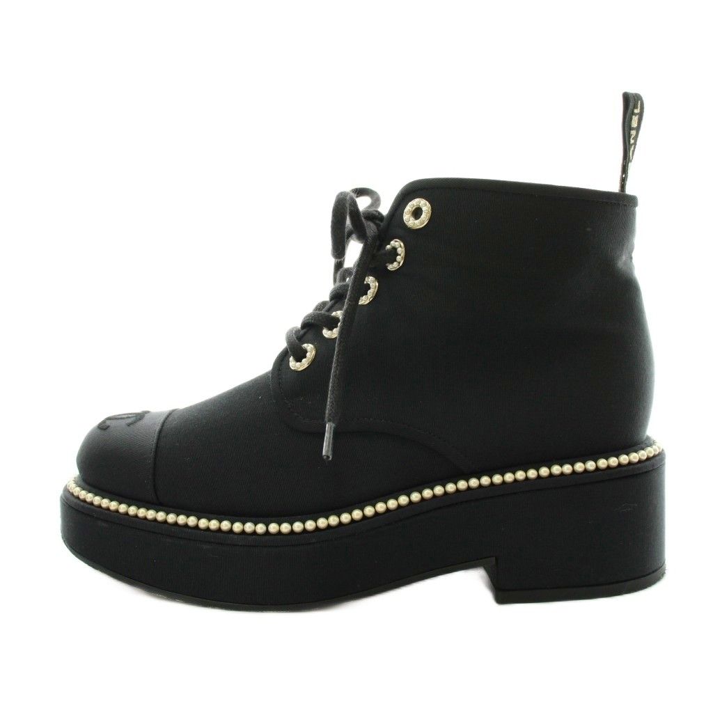 Chanel CC Logo Short Boots Lace Up Pearl 37 Black — view 2